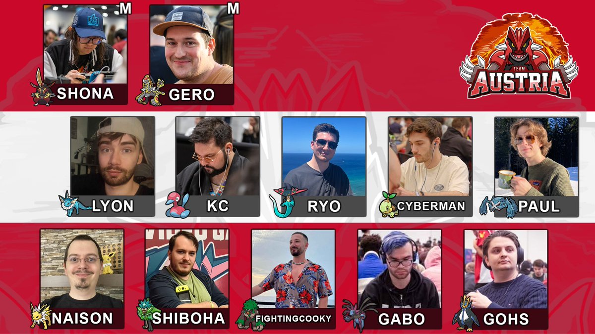 🇦🇹Excited to announce Team Austria's roster for this years VGC World Cup hosted by <a href="/VGCVictoryRoad/">Victory Road VGC</a> 🇦🇹

<a href="/Shonatron_/">Shona</a> (C)
<a href="/JeremiahHSDG/">plan-B | Gero</a> (C)
<a href="/LyonVGC/">Lyon</a> 
<a href="/kc_vgc/">KC</a> 
<a href="/sdg_ryo/">Ryo 🎮 🔜 🇬🇧🇬🇧🇮🇹</a> 
<a href="/cyberman152/">CybermanVgc</a> 
<a href="/koll_paul/">Paul Koll</a> 
<a href="/SecretNaison/">Naison</a> 
<a href="/Shiboha/">Shiboha</a> 
FightingCooky
Gabo
Gohs

Hyped for epic matches💪oida wappler