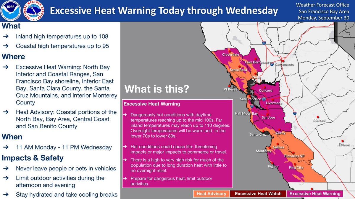 An Excessive Heat Warning remains in effect now through 11PM Wednesday for portions of the Bay Area and Central Coast. A Heat Advisory remains in effect through 11PM Wednesday for areas directly along the coast. #CAwx