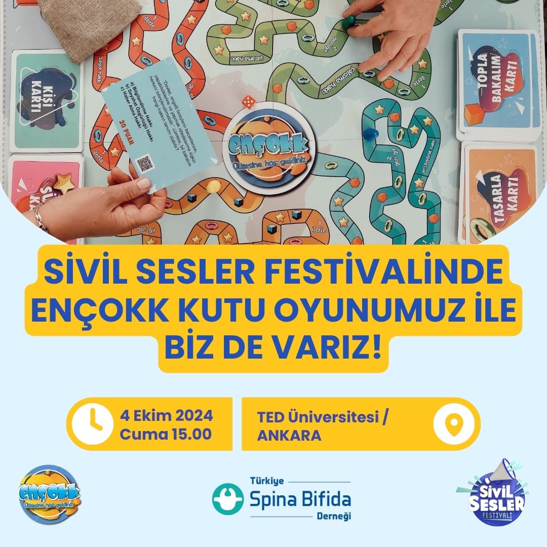 Sivil Sesler Festivali'nde Türkiye Spina Bifida Derneği olarak "ENÇOKK" kutu oyunumuz ile biz de varız! 🧩

4 Ekim Cuma günü saat 15.00'te TED Üniversitesi/Ankara’da buluşalım! 🌟

#SpinaBifida #seninsesinde #sivilseslerfestivali