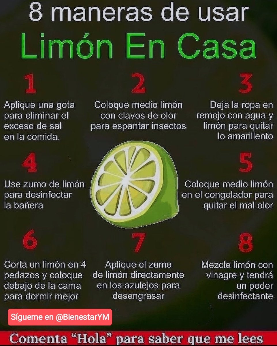 BienestarYM's tweet image. ✨💫🌿☀️Tip Salud☀️🌿💫✨

8 maneras de usar el Limón en Casa.

*Regálame un Hola si me lees*