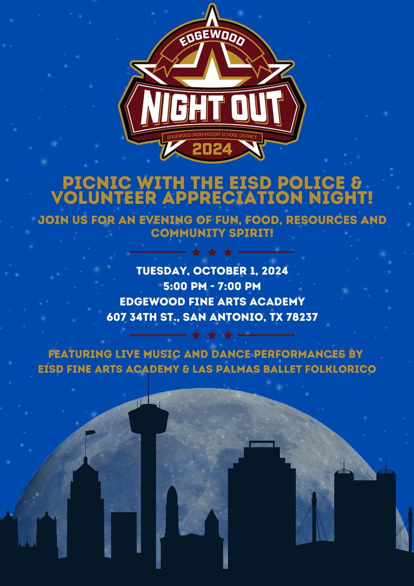 Join us for Edgewood Night Out! 🚔Free food, entertainment &amp; resources for all!  On October 1st from 5PM-7PM at the Edgewood Fine Arts Academy Courtyard Don’t miss this fun community event! 💙