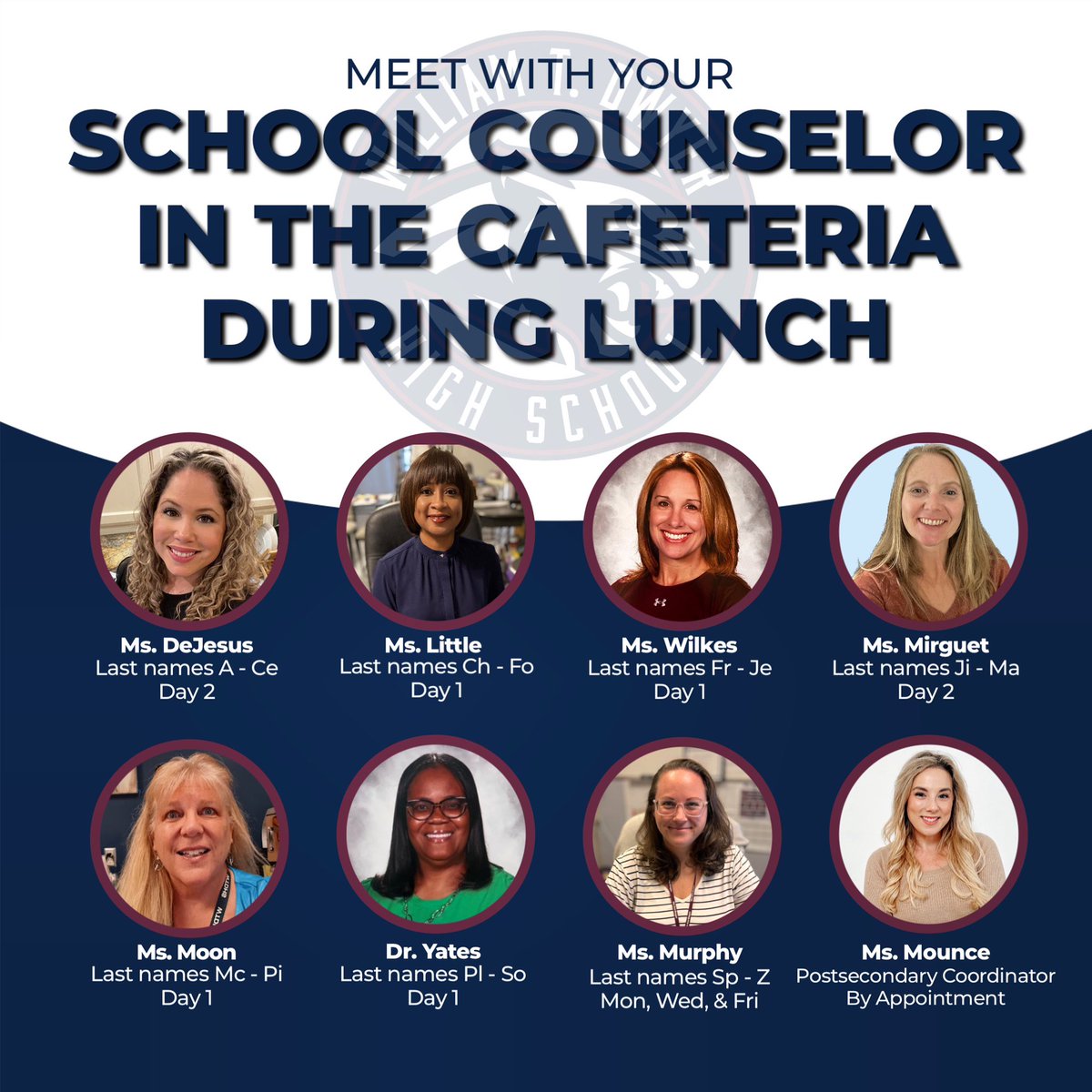 Dwyer School Counselors are available to meet with students in the cafeteria during their lunch periods! Check the graphic to see which days each school counselor will be there.
#WeAreDwyer