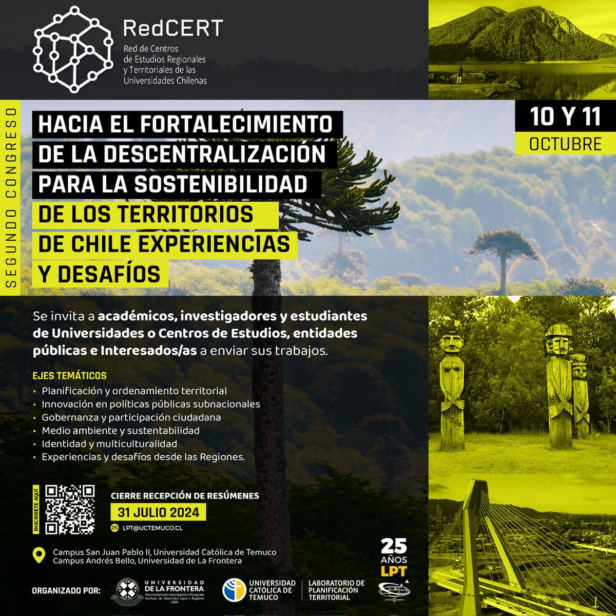 🔵Sabías que participaremos en el Segundo Congreso de <a href="/RedCert/">RedCERT</a> en la <a href="/UC_Temuco/">UC Temuco</a> el 10 y 11 de octubre para abordar cómo fortalecemos la #descentralización para la #sostenibiidad de los #territorios, miradas desde la #academia. 
Pronto más detalles !!