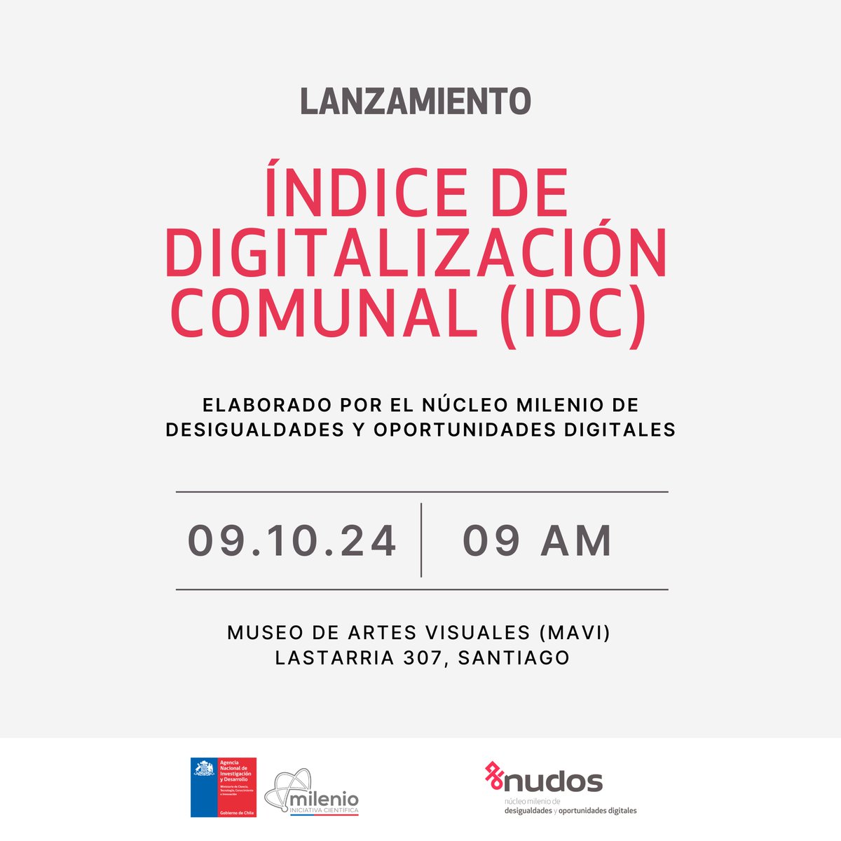 📢 ¡Les tenemos noticias! El próximo martes 9 de octubre presentaremos los resultados del Índice de Digitalización Comunal (IDC), un estudio desarrollado por el equipo de NUDOS que mide el nivel de digitalización de las comunas del país.

Inscripciones en: forms.gle/4T7s1XTsCJHhpx…