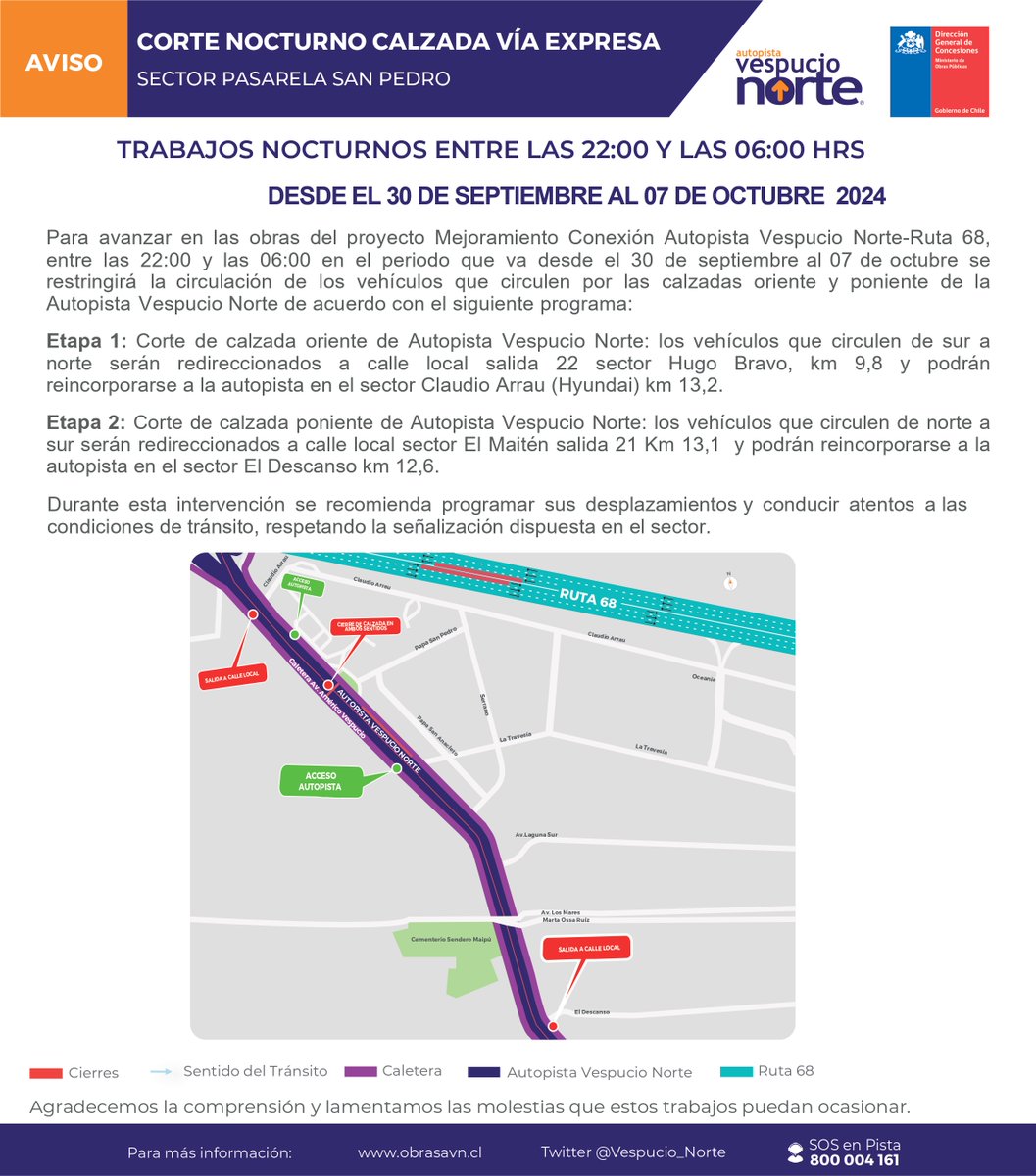 Vespucio_Norte's tweet photo. ⚠️Esta noche entre las 22:00 y las 06:00
Cortes Intermitentes en Calzadas de #VespucioNorte , entre #LaTravesia y #ClaudioArrau , por Trabajos en Pasarela #SanPedro
#Prefiera Alternativas.
@mop_chile @TTISantiago @RadioCarab https://t.co/SpbHshhwVM