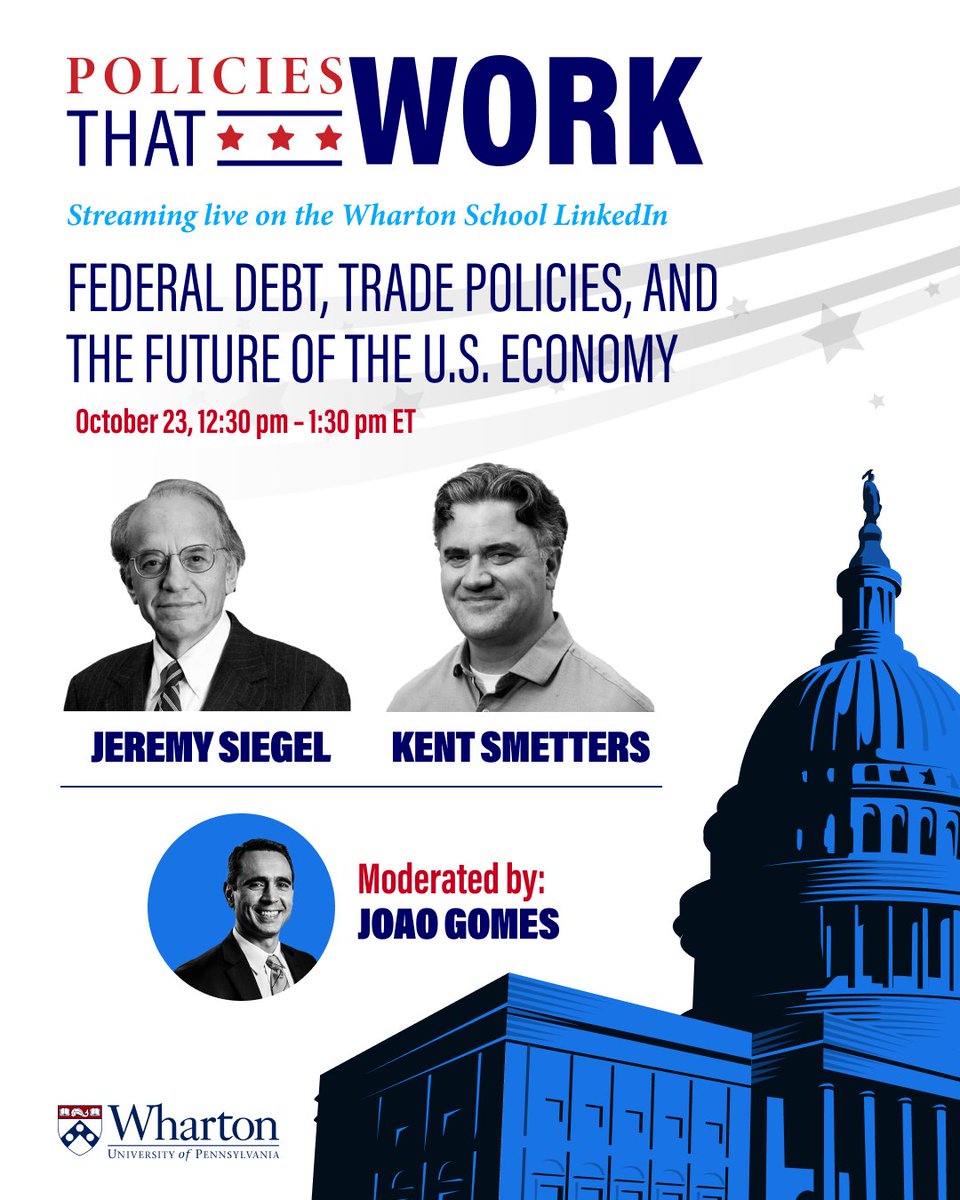 I am moderating <a href="/Wharton/">The Wharton School</a>'s #PoliciesThatWork discussion with <a href="/KentOnMoney/">Kent Smetters</a> and Jeremy Siegel on October 23. Learn about the series, and RSVP to attend either virtually or in person: events.wharton.upenn.edu/policies-that-…