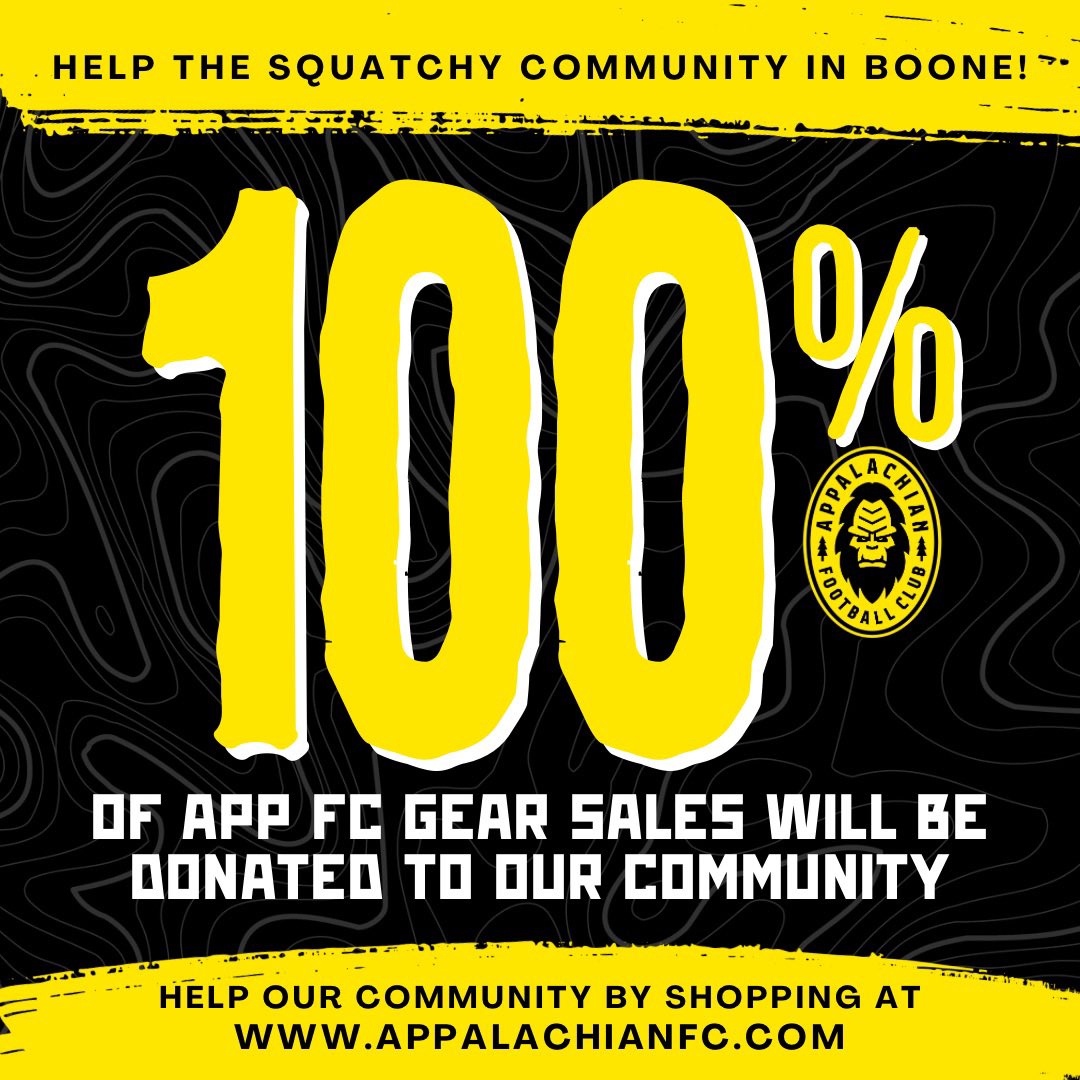 Our Office/Shop was flooded. Lots of damage but our Squatchy Gear survived so we’re going to donate our merchandise to raise money for our local community. That’s right, 100% of all Appalachian FC gear sales at Appalachianfc.com is going to be donated to our Boone community