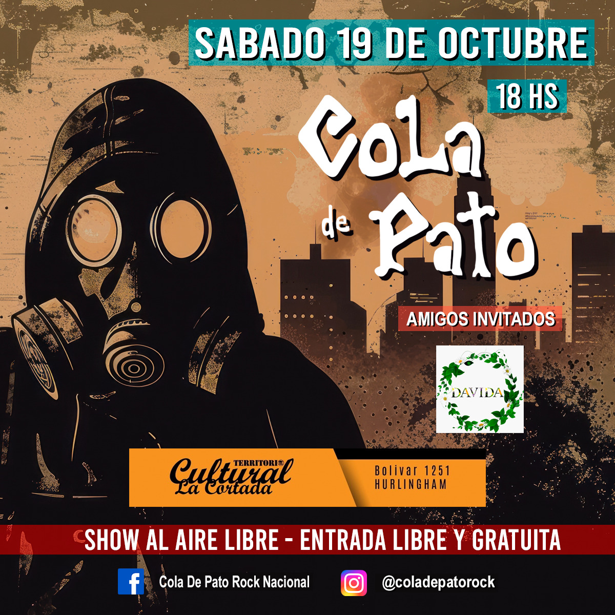 DiegoPollano's tweet photo. SABADO 19 OCT.  DESDE LAS 19HS @coladepato_ok  EN VIVO EN HURLINGHAM  SHOW AL AIRE LIBRE Y GRATUITO!!! @Mega983 @fmartinezgonza @TanoNieto @Radio10 @Gatosylvestre https://t.co/pzMPyllMIt
