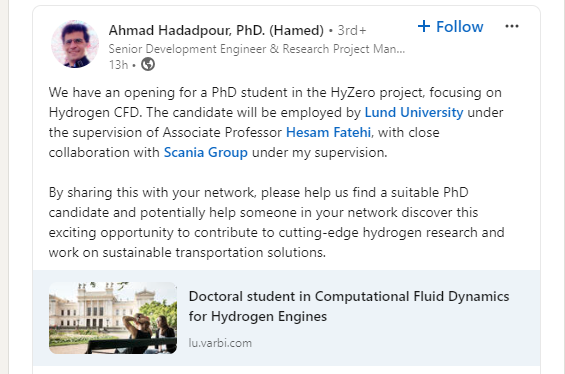 Doctoral student in Computational Fluid Dynamics for Hydrogen Engines

Lund University, Faculty of Engineering, LTH, Department of Energy Sciences

lu.varbi.com/en/what:job/jo…