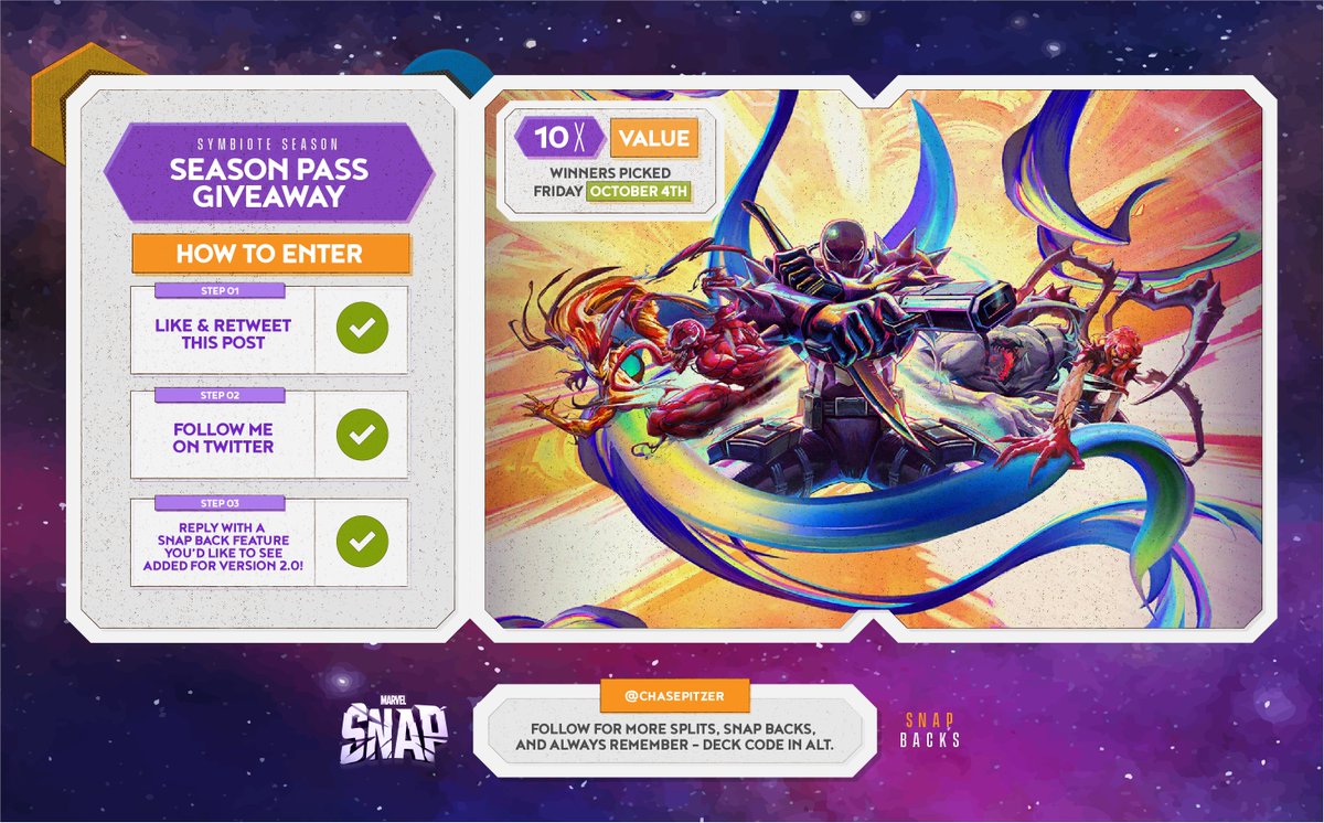Its time! I'll be doing my community thanks season pass giveaway! I'll be giving away TEN Symbiote Season Passes!

How To Enter:
✅ Like &amp; Retweet
✅ Follow Me
✅ Reply with a snap back feature you’d like to see added for version 2.0! (1.0 back below!)

Winners picked 10/4/24!