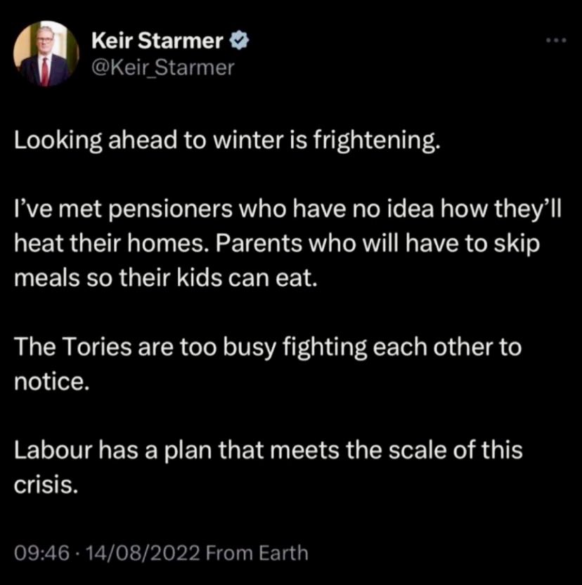 Keir Starmer posted this in 2022. 
He’s now doing the exact thing that he expressed concern about. 
Total charlatan. 

#WinterFuelAllowance