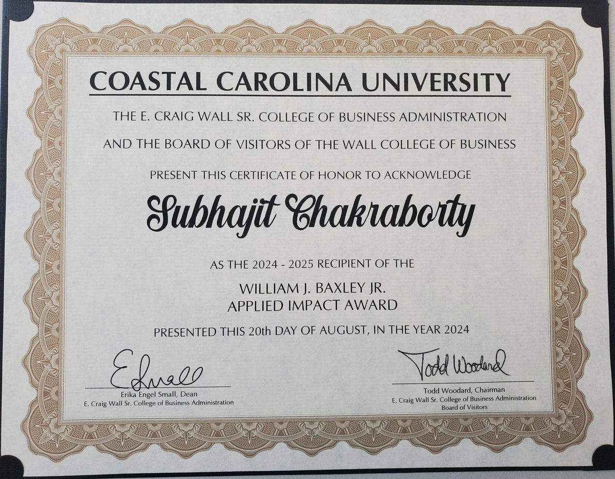 Subhajit Chakraborty (@subhajitc) on Twitter photo Happy to receive the William J. Baxley Jr. Applied Impact Award for academic year 2024-25. A big Thank you to Dr. Erika Small, Dean <a href="/ccuwallcollege/">Coastal Carolina Wall College of Business</a> and to the committee for reposing their faith in my service, teaching & research!! Happy to receive the William J. Baxley Jr. Applied Impact Award for academic year 2024-25. A big Thank you to Dr. Erika Small, Dean <a href="/ccuwallcollege/">Coastal Carolina Wall College of Business</a> and to the committee for reposing their faith in my service, teaching & research!!