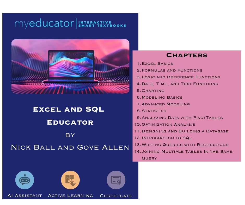 MyEducatorLLC's tweet image. Teach and assess students within Microsoft Excel using the MyEducator add-in, featuring automatic grading. Explore comprehensive content on Excel, database management, and SQL with hands-on learning.

#MyEducator #Excel #SQL #IACIS2024 #EdTech #AI