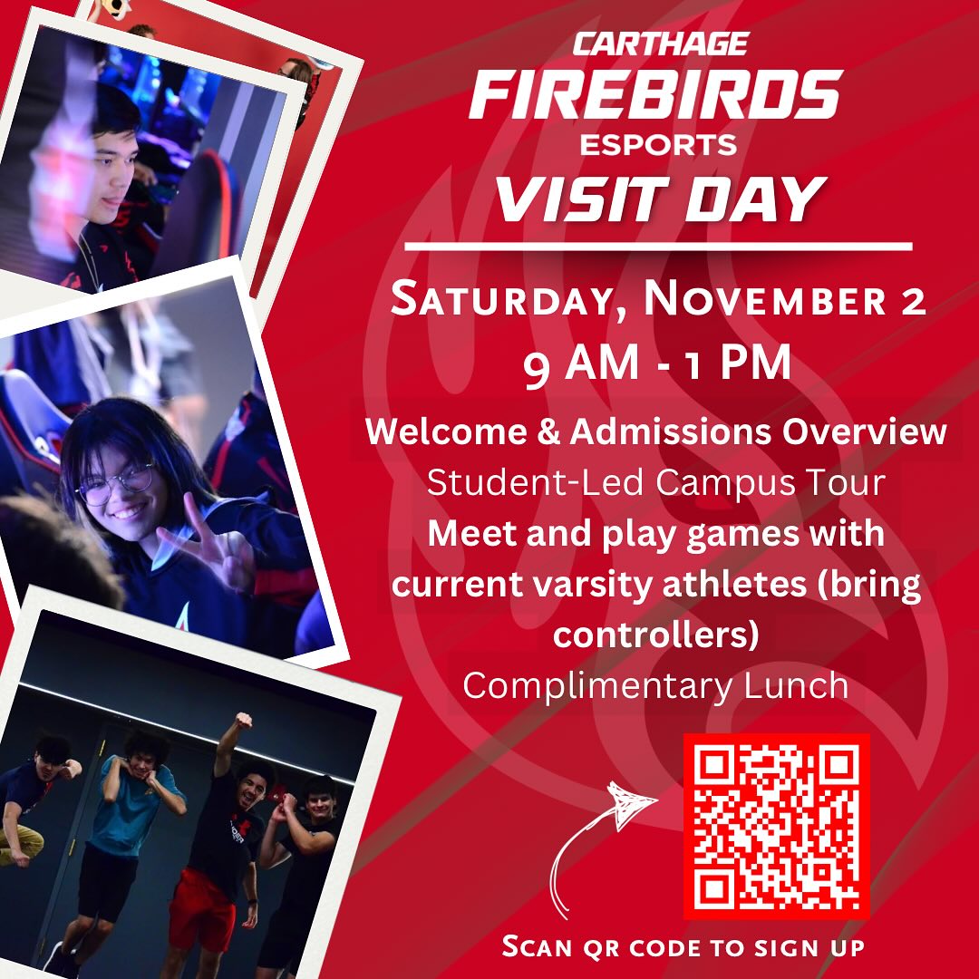 Do you want to be the next star at Carthage Esports? 

Join us for the Esports Visits Day on Saturday, November 2nd!  

Reserve your spot by scanning the QR code or using the link below:  

go.carthage.edu/register/espor…

See you there! 🔥🔥🔥