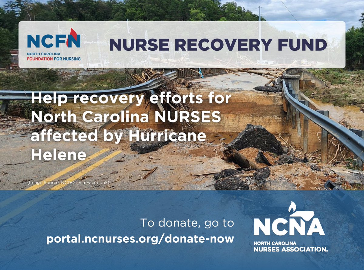 NCNA's tweet photo. NCNA has followed the fallout of Helene &amp; began organizing a response over the weekend. We have finalized plans w the NC Foundation for Nursing (NCFN) to revive the NCFN - Nurse Recovery Fund, which will distribute funds directly to nurses in western NC suffering loss or damages. https://t.co/T1wpP0S7NI