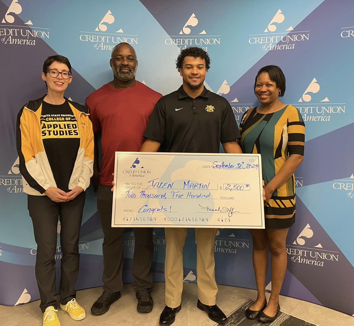 WichitaStateCED's tweet photo. Congratulations to CAS students Jalen, Kelvin, and Damian for being awarded with Frank Crawford Jr. Educators of Tomorrow scholarships! The recipients were recognized at @CUofAmerica today. 

#wichitastatecas #ShockersUp https://t.co/sTKAXWKN8v