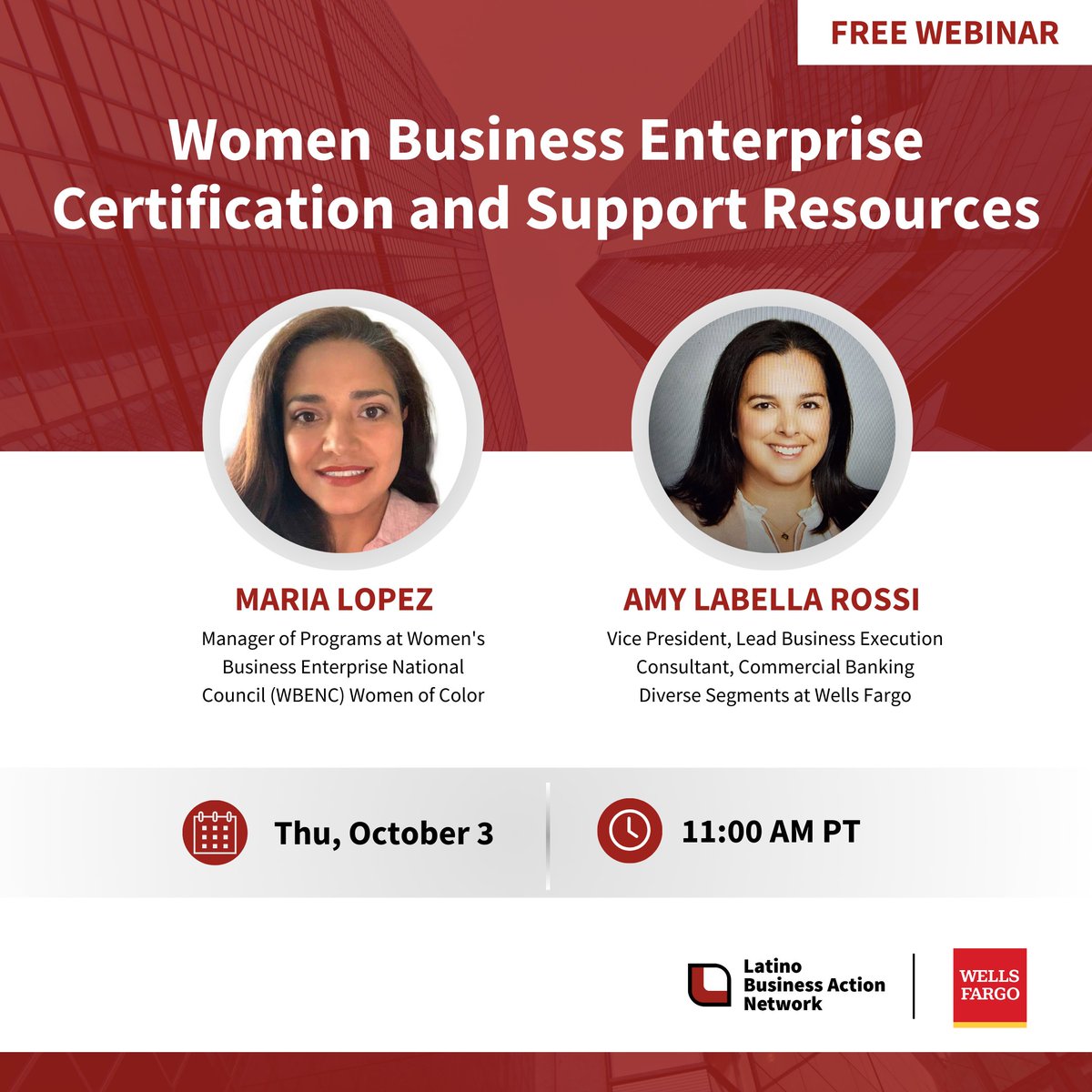 💻 FREE Webinar! Join us on Thursday, October 3rd at 11:00 AM PT for our upcoming webinar, "Women Business Enterprise Certification and Support Resources." 

🔗 Register today! bit.ly/3N7vbHK

#LBANstrong #Certifications #Latinas #WomenInBusiness