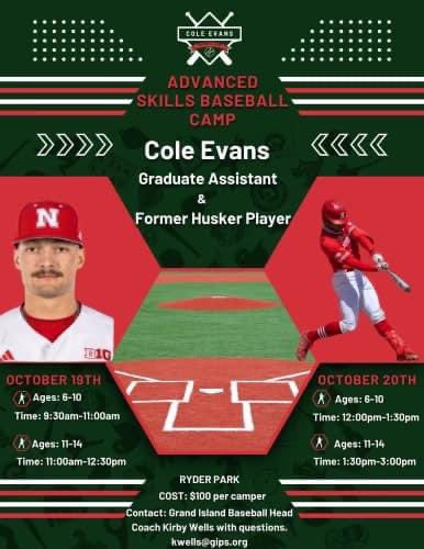 Youth Baseball Camp featuring former Husker player and current Husker coach Cole Evans (<a href="/crevans22/">Cole Evans</a> )

Great opportunity for kids. One on one coaching with Cole Evans and Coach <a href="/Kirbyjoewells/">Kirby Wells</a> 
We would love to see you there!!!!