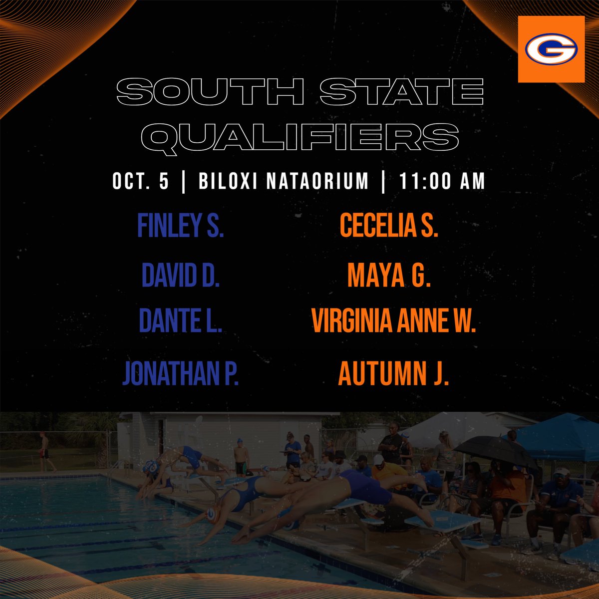 5 more wake ups until South State!! Shoutout to these 8 swimmers for qualifying individually and/or as a relay. They will compete this Saturday in Biloxi for a chance to represent the Admirals at the State Meet. #Hooyah #OneGPT #GoAdmirals