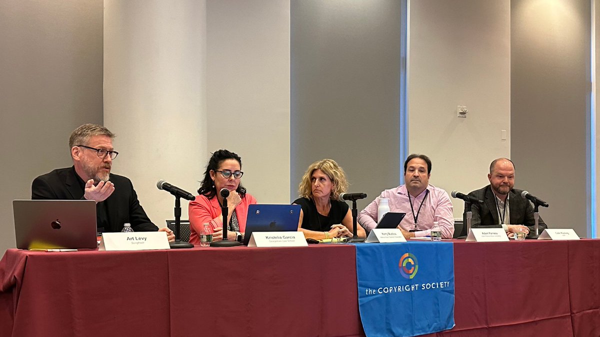 copyrightsoc's tweet image. 🌟 Wrapping up the #CopyrightTech w/ an enlightening session on "The Future of Compulsory Licensing" featuring Art Levy (@songtradr), @kristelia (@GeorgetownLaw), @KerryMustico (@NMPAorg), Adam Parness (Adam Parness Music Consulting), and Colin Rushing (DiMA).

@copyrightandtec