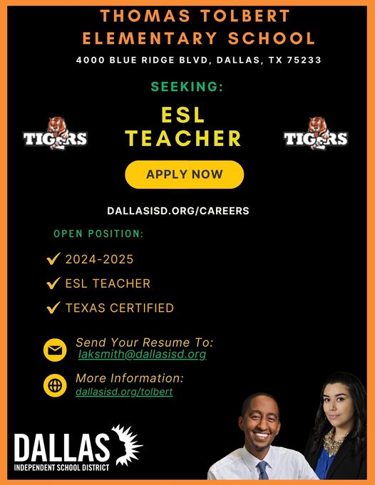 MelodyATillman's tweet photo. Do you have a passion for education and certified to teach?! If yes, join our Dallas ISD team as an ESL Teacher! 

We are interviewing at Thomas Tolbert Elementary School for the 2024-2025 school year!  
Please send your resume to laksmith@dallasisd.org.
https://t.co/zdVtuBm1VT https://t.co/TLuY3PukuD