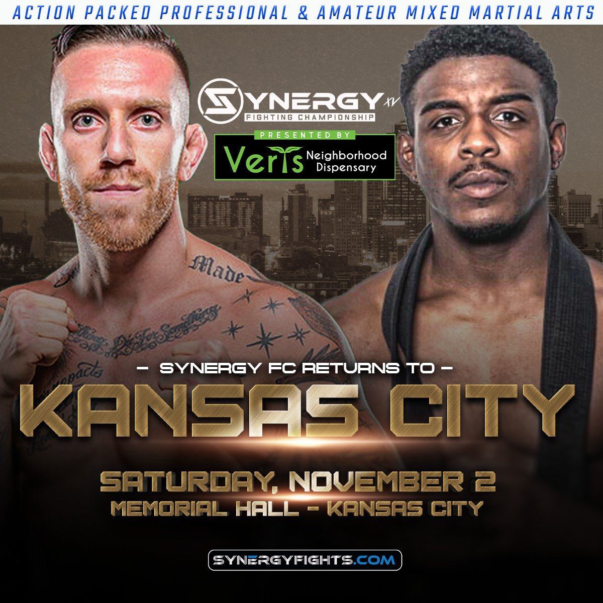Synergy FC returns to Kansas City on Sat. Nov. 2! 

Alex McGowan (11 wins-5 losses) faces off with Michael Billups (7 wins-3 losses) in the Main Event at Synergy FC XV on Sat. Nov. 2 in KANSAS CITY! 

Presented by <a href="/vertsmo/">Verts Neighborhood Dispensary</a>
