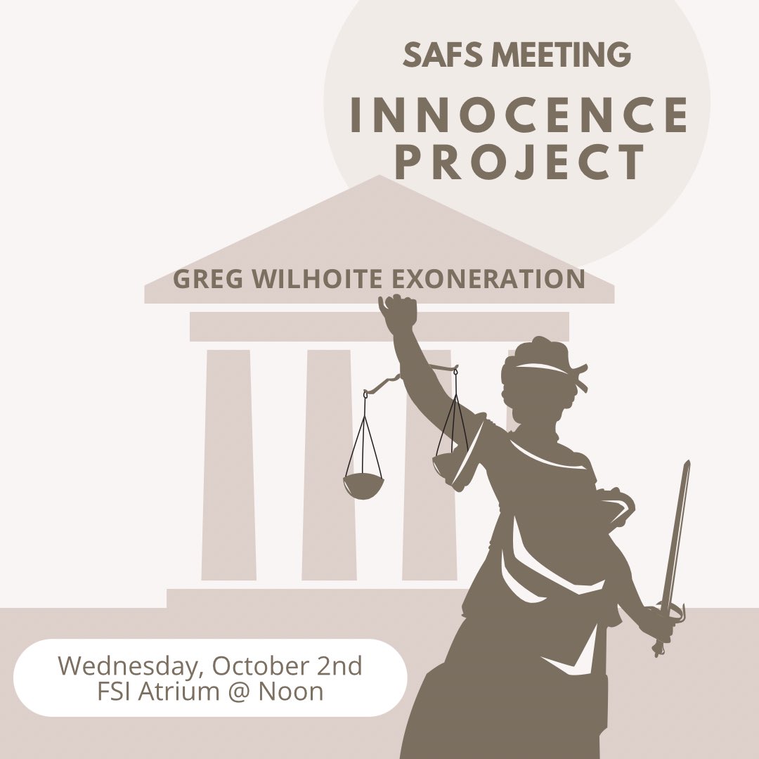 Our next meeting will feature Nancy Vollertsen. She'll be speaking about the exoneration of Greg Wilhoite, her brother, via The Innocence Project. Pizza will be provided. We hope to see you there!