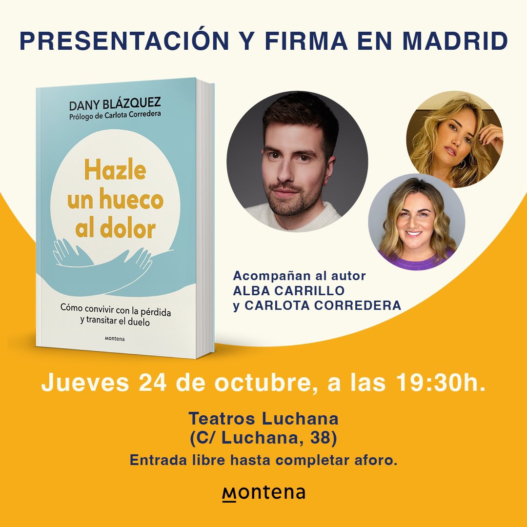 ¿Se os ocurre mejor plan para el día 24? Os espero en Teatros Luchana para presentar mi libro, ‘Hazle un hueco al dolor’, junto a Carlota Corredera y Alba Carrillo. 😍😍😍

¡Habrá barra! Venid y brindamos 🥹