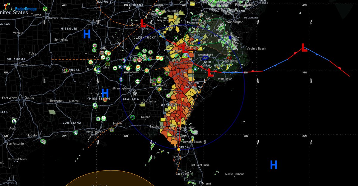ServeMeta1's tweet photo. Just so everyone can get perspective, The yellow/red/orange counties have power outages due to #HurricaneHelene . This covers 44,000 square miles, it is 339 miles long and 130 miles wide. In the NC region, these same regions are also flooded, and roads are washed away. https://t.co/n99XeIBV7p