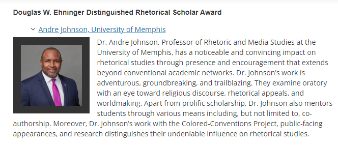 aejohnsonphd's tweet photo. I am pleased to announce that @NatComm named me the 2024 Douglas W. Ehniger Distinguished Rhetorical Scholar Award winner. The award "honors scholars who have executed research programs in rhetorical theory, rhetorical criticism, and/or public address studies.
#COMMStudyWithUs https://t.co/xIyRHl36m7