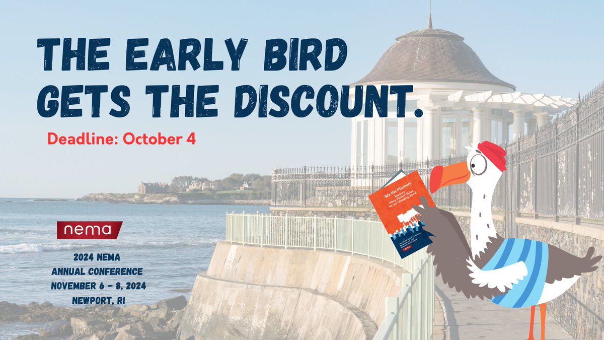 The Early Bird is back, and he has already registered to attend #NEMA2024 in Newport, RI! Have you? Sign up by Friday, October 4 to receive the discounted rate. You won't want to miss it. Register today at: nemanet.org/conference