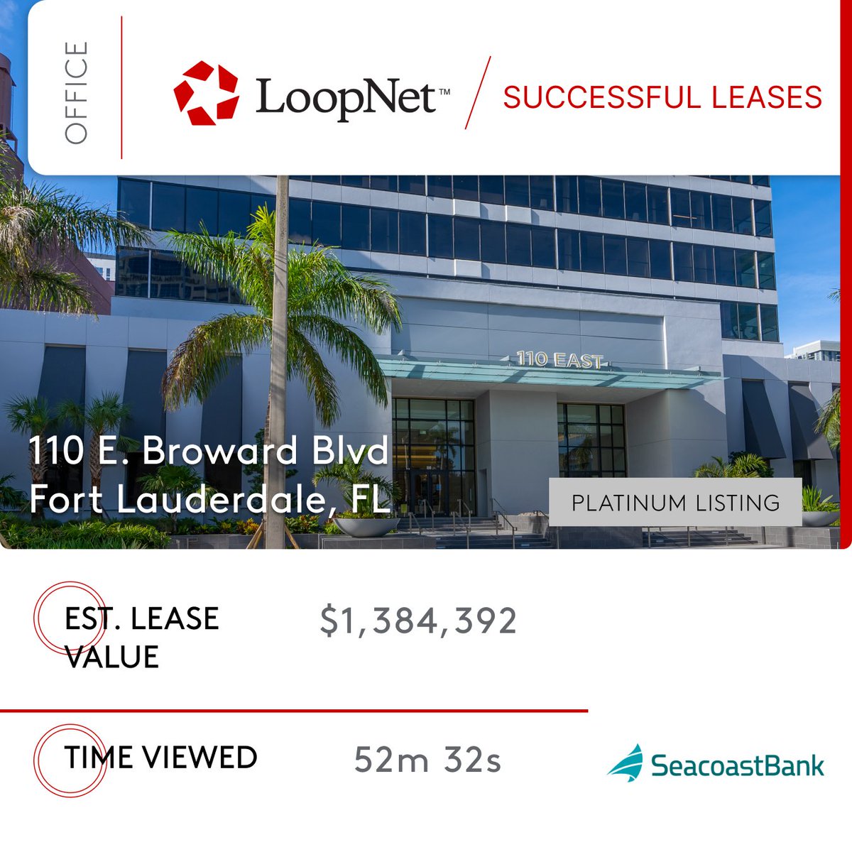 LoopNet's tweet image. This Fort Lauderdale office space after a successful Platinum advertising campaign on LoopNet!
Seacoast Bank spent over 50 minutes viewing this listing before signing. Make your property stand out and connect with high-intent commercial tenants and buyers.
Learn how:
🔗…