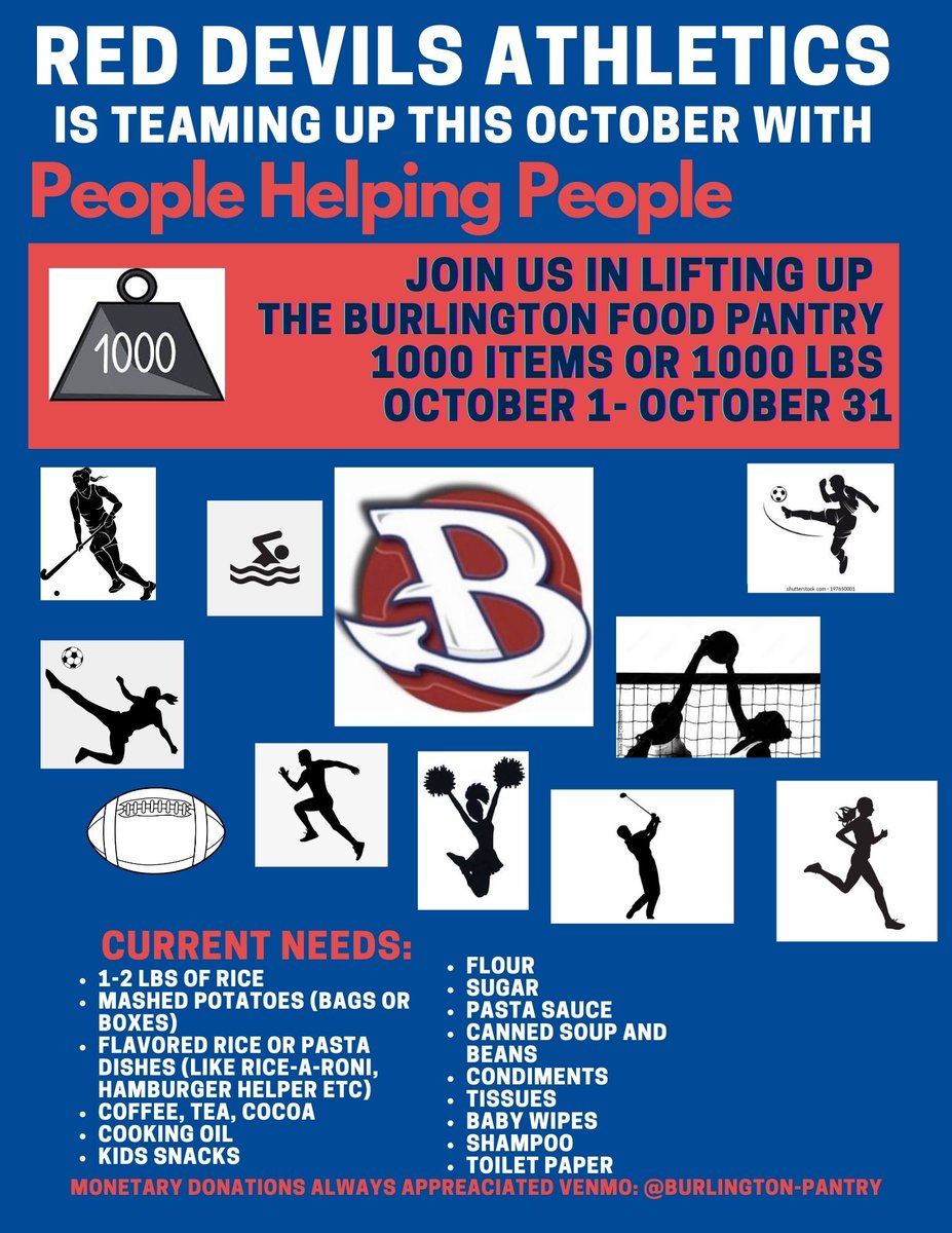 BHSRedDevils_AT's tweet image. Tomorrow is October 1! @BHSRedDevils is teaming up again with @BurlFoodPantry to stock their shelves!  They had a busy summer helping Burlington families &amp;amp; need help stocking up! Be on the look out for various team events &amp;amp; drop off locations. @bhsprincipal @bhsdevilbooster
