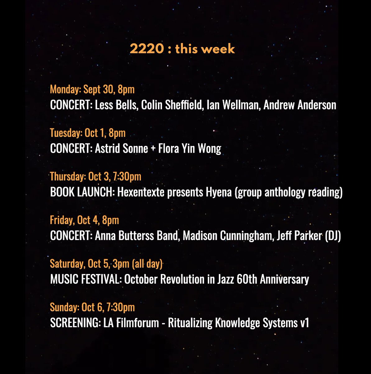 This week at 2220: LA concert debuts, African experimental film, book and album launches, and a daylong music festival celebrating jazz legend Bill Dixon and the 60th anniversary of the October Revolution in Jazz.