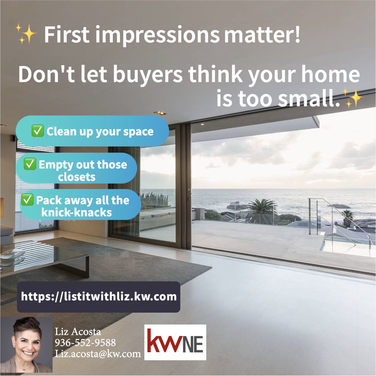 lizetha217's tweet photo. These simple steps can make your home feel bigger, brighter, and more appealing! Less clutter means more room for buyers to envision themselves in the space. 🏡

#SellerTip #RealEstateTips #StagingYourHome #HomeSelling #LessIsMore #DeclutterYourSpace #TXRealtor #ListItWithLiz https://t.co/y4l4l3ORh6