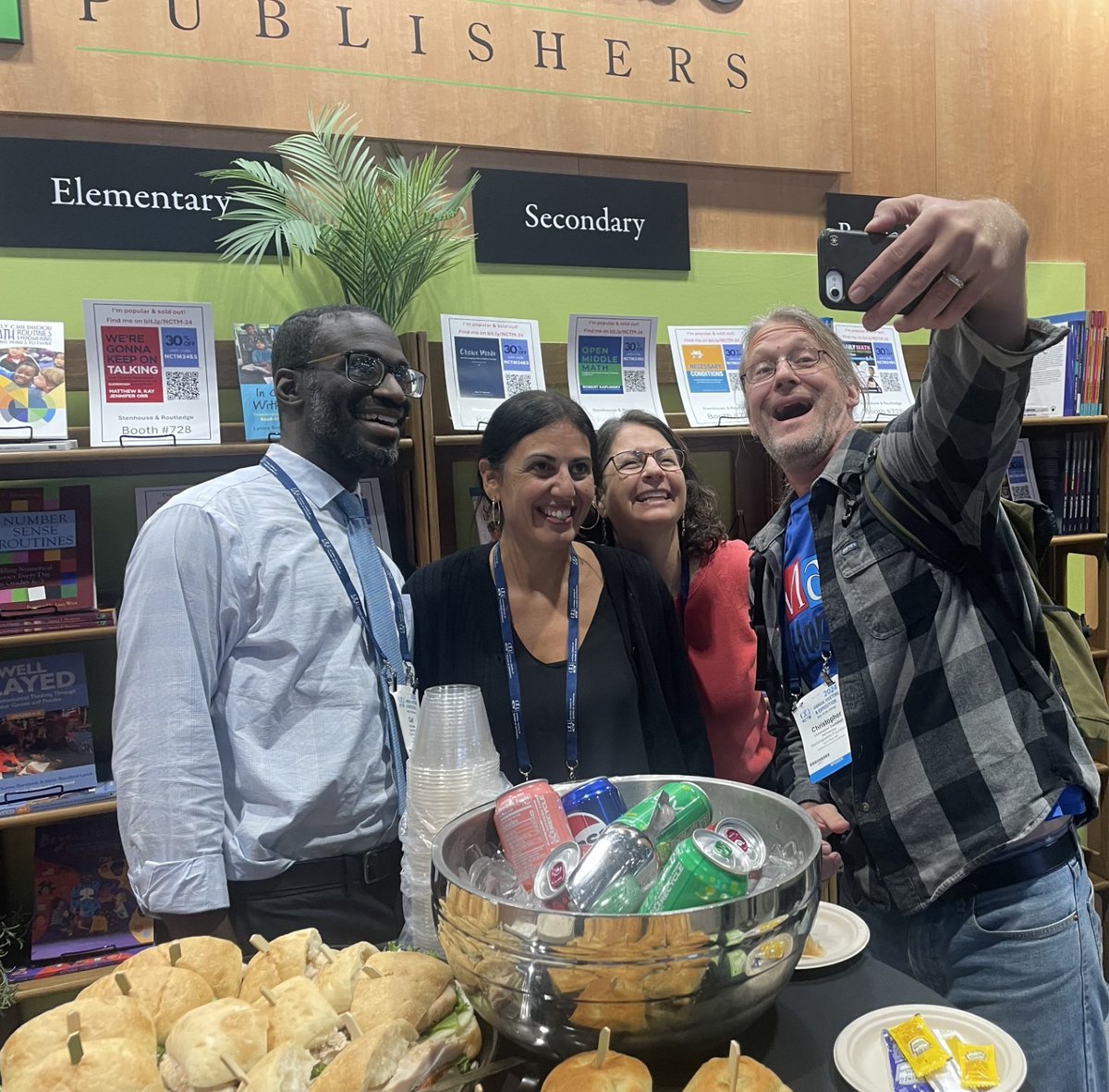 #StenhousePub math authors (@carlolitwitter, <a href="/NicoraPlaca/">Nicora Placa</a>, @TracyZager, and <a href="/Trianglemancsd/">Christopher Danielson</a>) snap a selfie at the Stenhouse Mix and Chat at #NCTMCHI24! You can still get 30% off their books with the conference discount through October 12: spr.ly/6014UEnWC