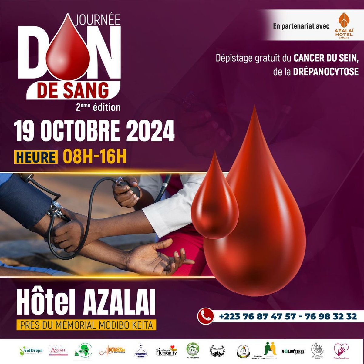 🇲🇱 - Rejoignez-nous le 19 octobre à l’hôtel Azalaï Salam pour la 2e édition de la Journée de Don de Sang ! Un dépistage GRATUIT du cancer du sein et de la drepanocytose sera disponible sur place. Écrivez-nous en privé ici ou sur Instagram pour participer. 

Merci de partager !