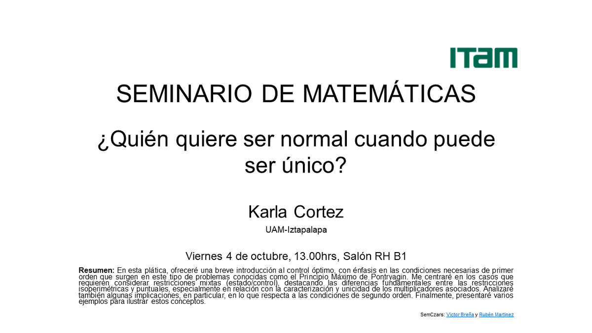 Matemáticas Aplicadas ITAM (@matematicasitam) on Twitter photo Seminario de Matemáticas este viernes 04/10 Seminario de Matemáticas este viernes 04/10