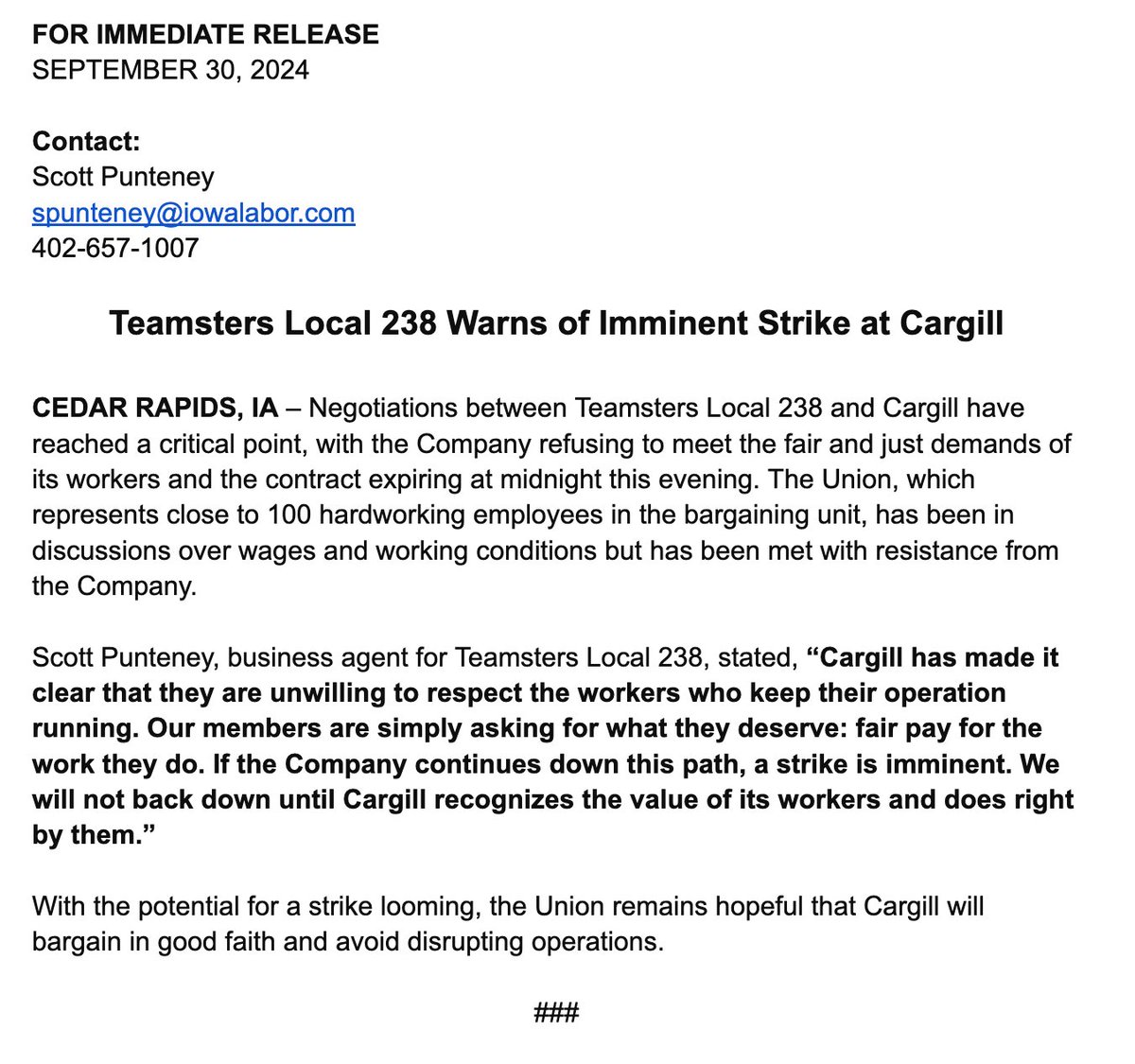 Teamsters 238 Warns of Imminent Strike at Cargill