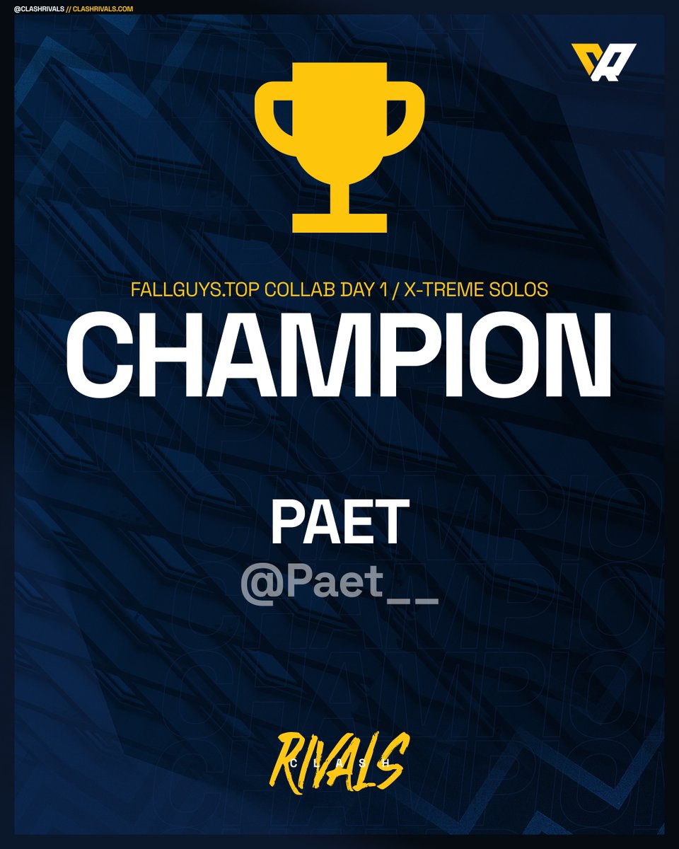 The first winner of our <a href="/FallGuysTop/">Fall Guys Top Leaderboards</a> collaboration event is
<a href="/Paet__/">Paet</a> 👑!

Reminder that everyone who has won at least one game during the event will be entered into a raffle for a spot in our next tournament!

Join us live at 9PM BST tomorrow for 6 shows of Blast Ball Trials!