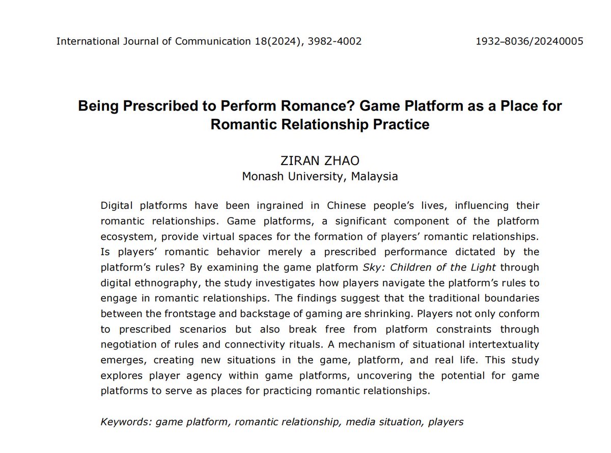 BrandonZhao1997's tweet photo. New publication in @IJoC_USC 😃

https://t.co/ixlGjvKyIk

I examined the role of game platform in shaping Chinese youth’s romantic relationship practices using digital ethnography. For more👇 https://t.co/EN0MCCnuyv