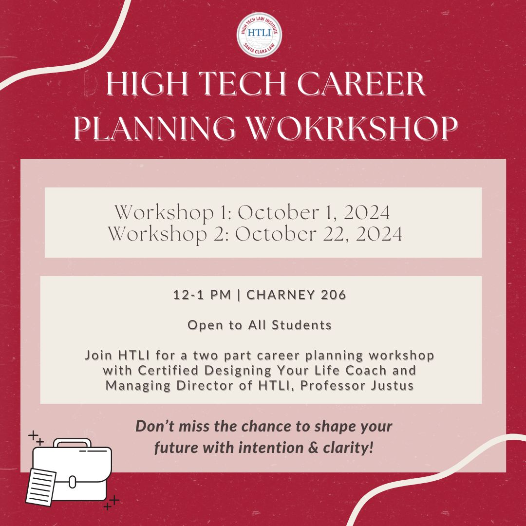 TOMORROW! Join HTLI for a dynamic two part career planning workshop, led by Certified Designing Your Life Coach and Managing Director of the High Tech Law Institute, Professor Joanna Justus. 🌟

Open to all students🚀

#SCUHTLI #SCULaw #CareerWorkshop
