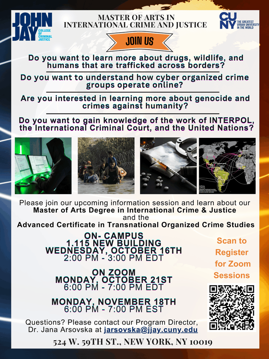 Interested in our M.A. program in IC&amp;J? Please register for our upcoming info sessions on Zoom or attend our in-person event on October 16th! Register here: tinyurl.com/5utyhw2b