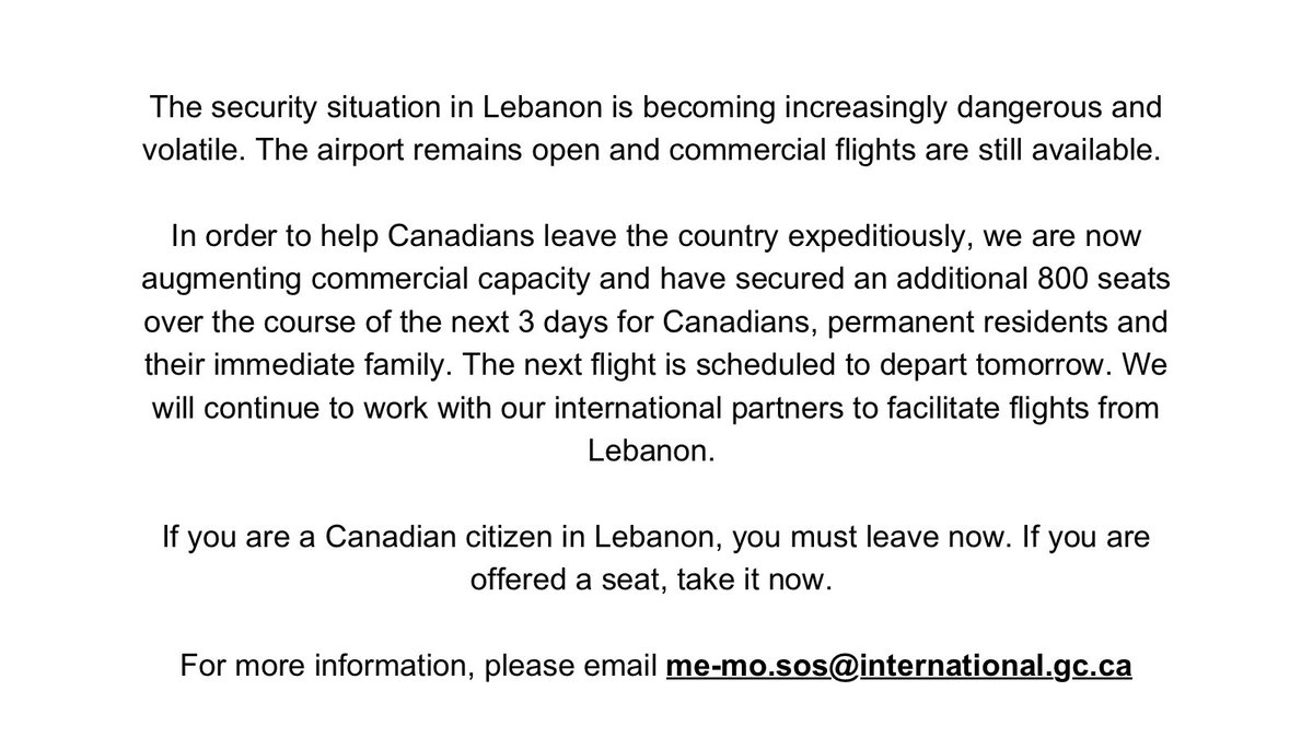 My update on efforts to help Canadians leave Lebanon: