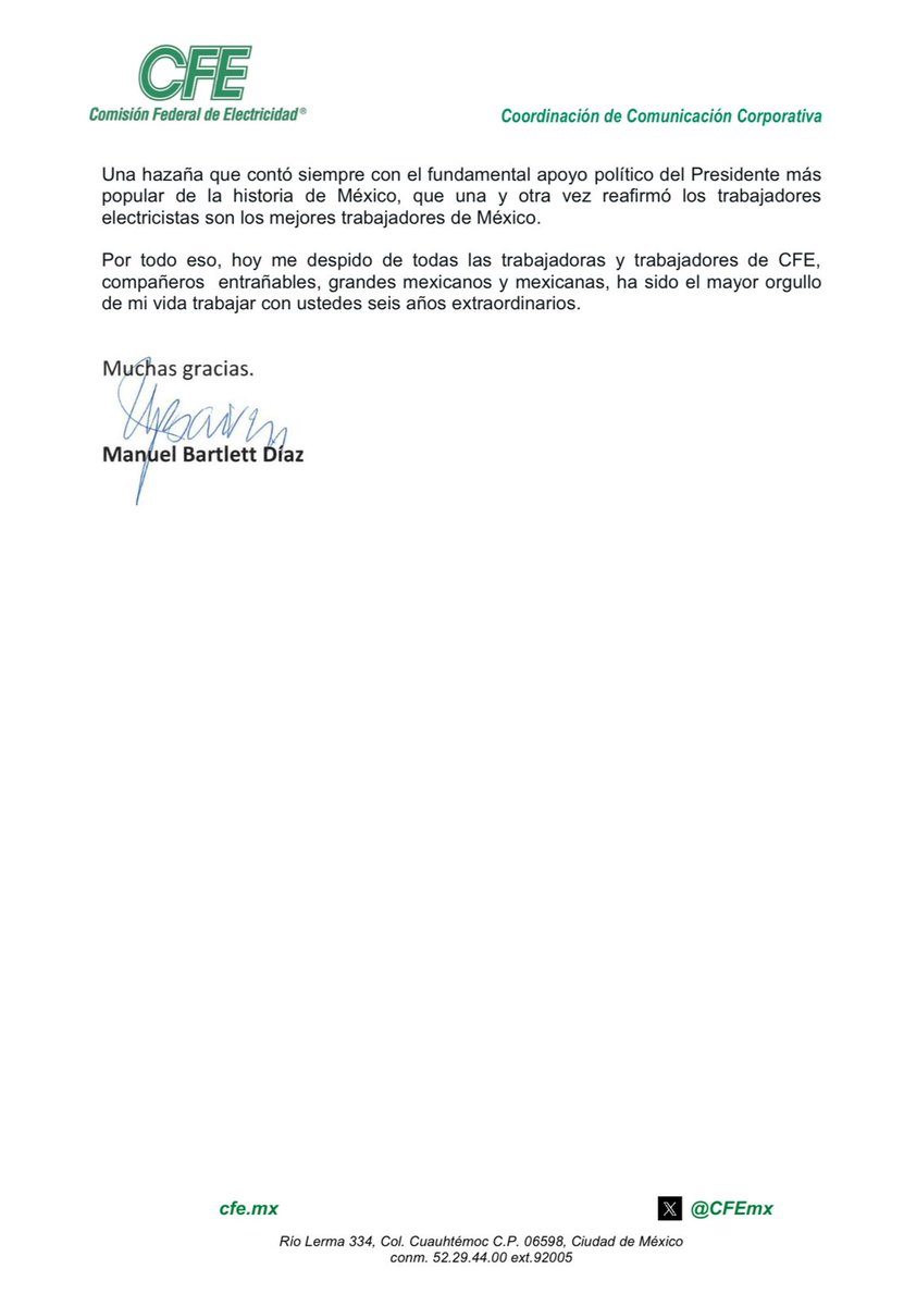 Comparto mensaje de despedida a las y los trabajadores de la empresa pública más importante del país; la <a href="/CFEmx/">CFEmx</a>: