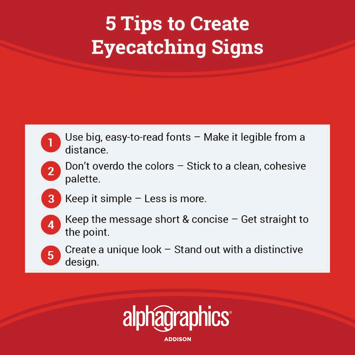 AlphaAddison391's tweet image. When it comes to signage, simplicity is your best friend. Here’s how to make your signs stand out:
#alphagraphicsaddison #AlphaGraphics #addisontx #addison #signage #signs #printing #printshop #tipsandtricks