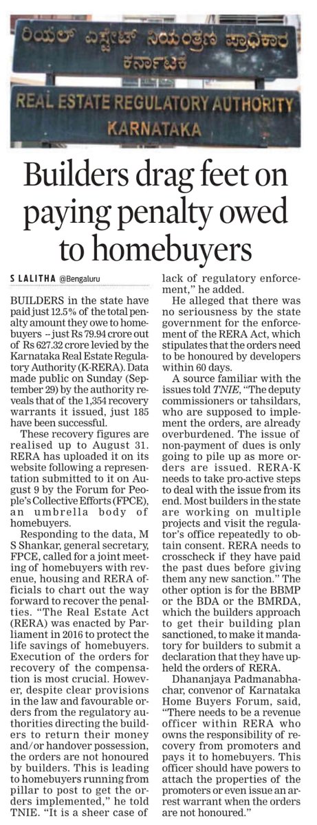 Lolita_TNIE's tweet image. Details made public on Sun by Ktka-Real Estate Regulatory Auth are shocking. Builders have paid just 12.5% of penalty they must pay homebuyers-only Rs 80cr out of Rs 627cr. Why r they ignoring orders? How can they be made accountable? @NewIndianXpress  @msshankar1961 @mlkhattar
