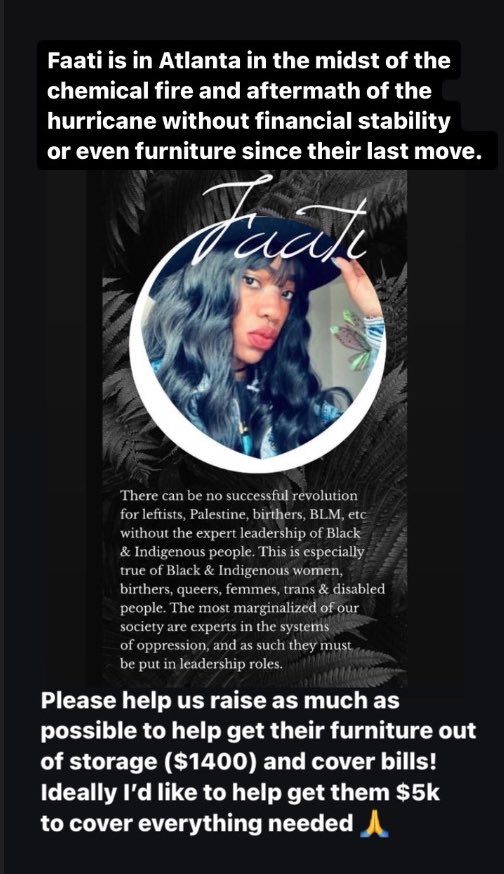 HieronymousBich's tweet photo. Please help Faati stay as safe and comfortable as possible in the wake of the hurricane &amp; bio lab fire 🙏🙏🙏 

#HurricaneHelene #bioLabFire #atlanta #mutualAid #blm https://t.co/9u8QH0LOQR