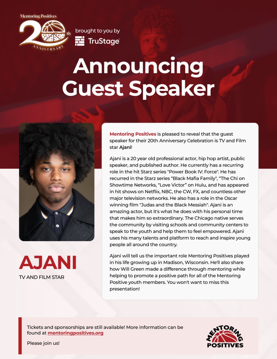 Come and join us at our Mentoring Positives 20th Anniversary Celebration. Ajani is a 20-year-old professional actor, hip-hop artist, public speaker, and published author.  mentoringpositives.org