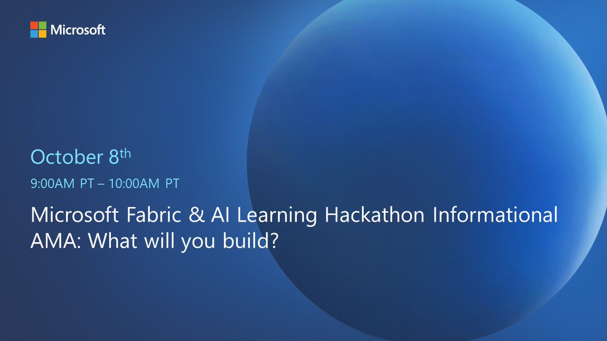 On Oct. 8 at 9AM PT, join the #MicrosoftFabric &amp; AI Learning Hackathon Informational AMA, an interactive session exploring news from the European Microsoft Fabric Community Conference, best practices, support &amp; resources for your Hackathon project. msft.it/6016mlmWE